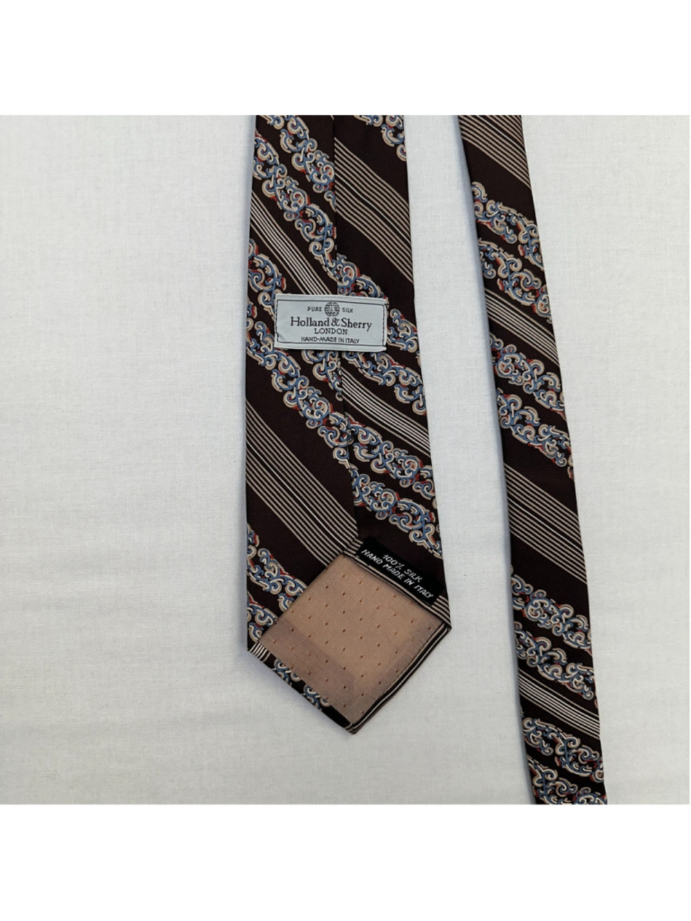 Holland Sherry Men's Silk Necktie Brown Stripe Scrollwork Hand Made Italy - Picture 3 of 7